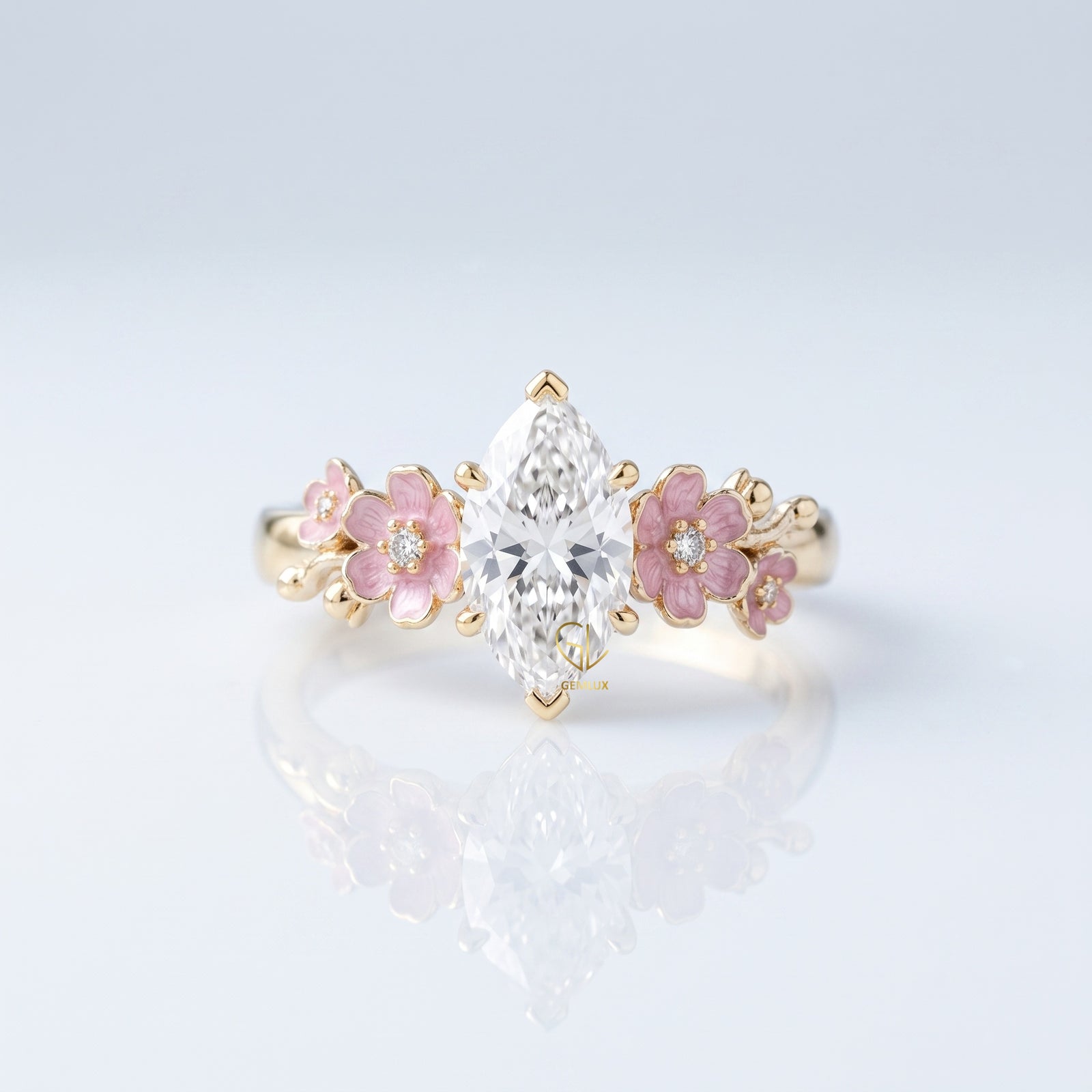 Marquise-cut lab-grown diamond pink blossom floral engagement ring, 10k yellow gold, Gemlux Engagement Collection
