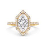 Marquise Cut Lab Grown Diamond Hexagon Halo Engagement Ring in Solid Gold