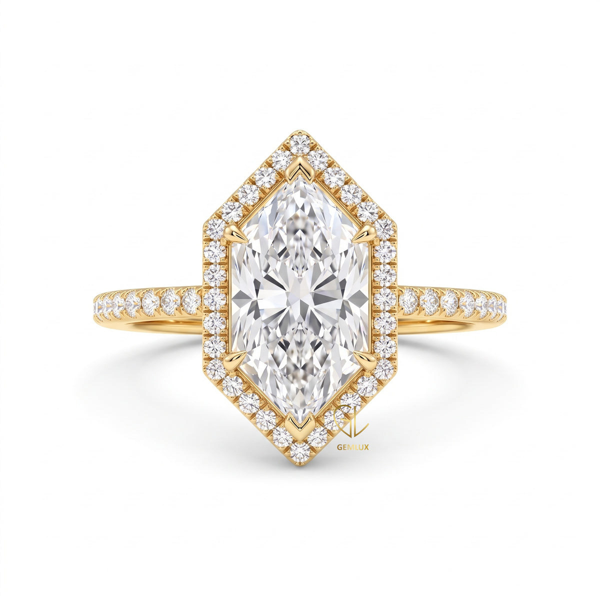 Marquise Cut Lab Grown Diamond Hexagon Halo Engagement Ring in Solid Gold