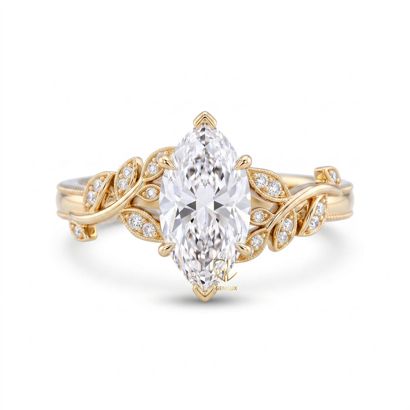 Marquise Cut Lab Grown Diamond Leaf Vine Engagement Nature Inspired Ring