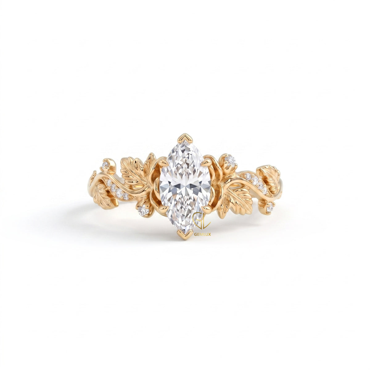 Luxury Marquise Cut Lab Grown Diamond Leaf Vine Engagement Ring in Solid Gold