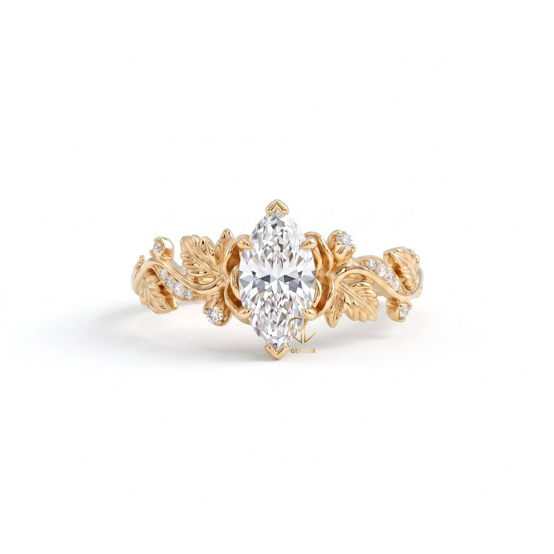 Marquise Cut Lab Grown Diamond Leaf Vine Engagement Ring in Solid Gold