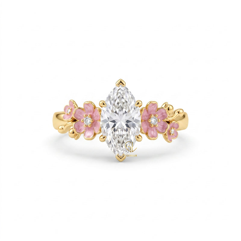 Marquise Cut Lab Grown Diamond Pink Blossom Floral Engagement Ring