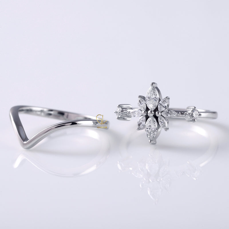 Marquise Cut Lab Grown Engagement Ring Set With Curved Solitaire Band