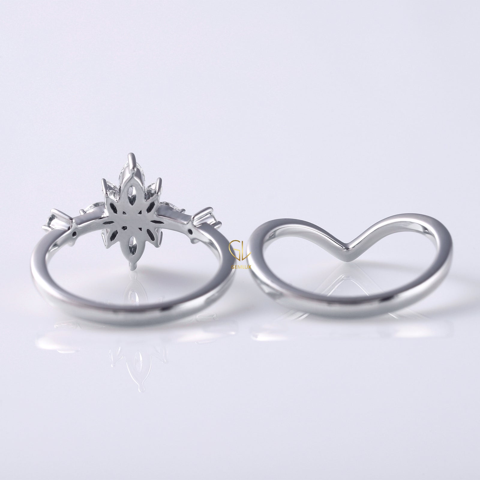 Marquise Cut Lab Grown Engagement Ring Set With Curved Solitaire Band