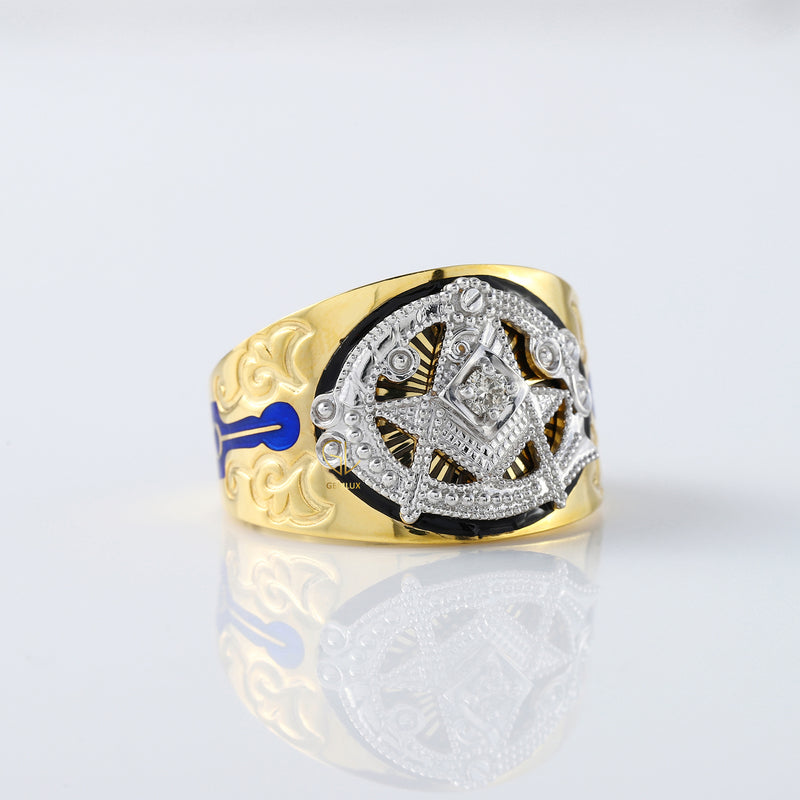 Masonic Blue Lodge Two Tone Vintage Style Moissanite Diamond Ring
