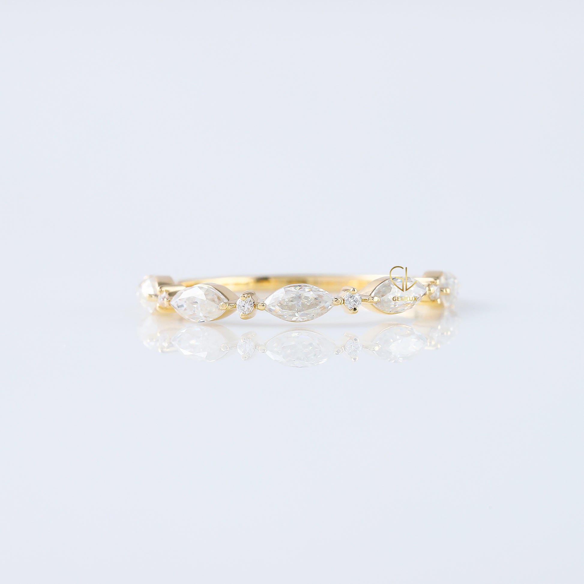 minimalist band, alternative stone eternity band, marquise and round moissanite matching band, yellow gold eternity wedding band
