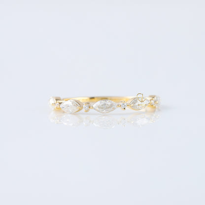 minimalist band, alternative stone eternity band, marquise and round moissanite matching band, yellow gold eternity wedding band
