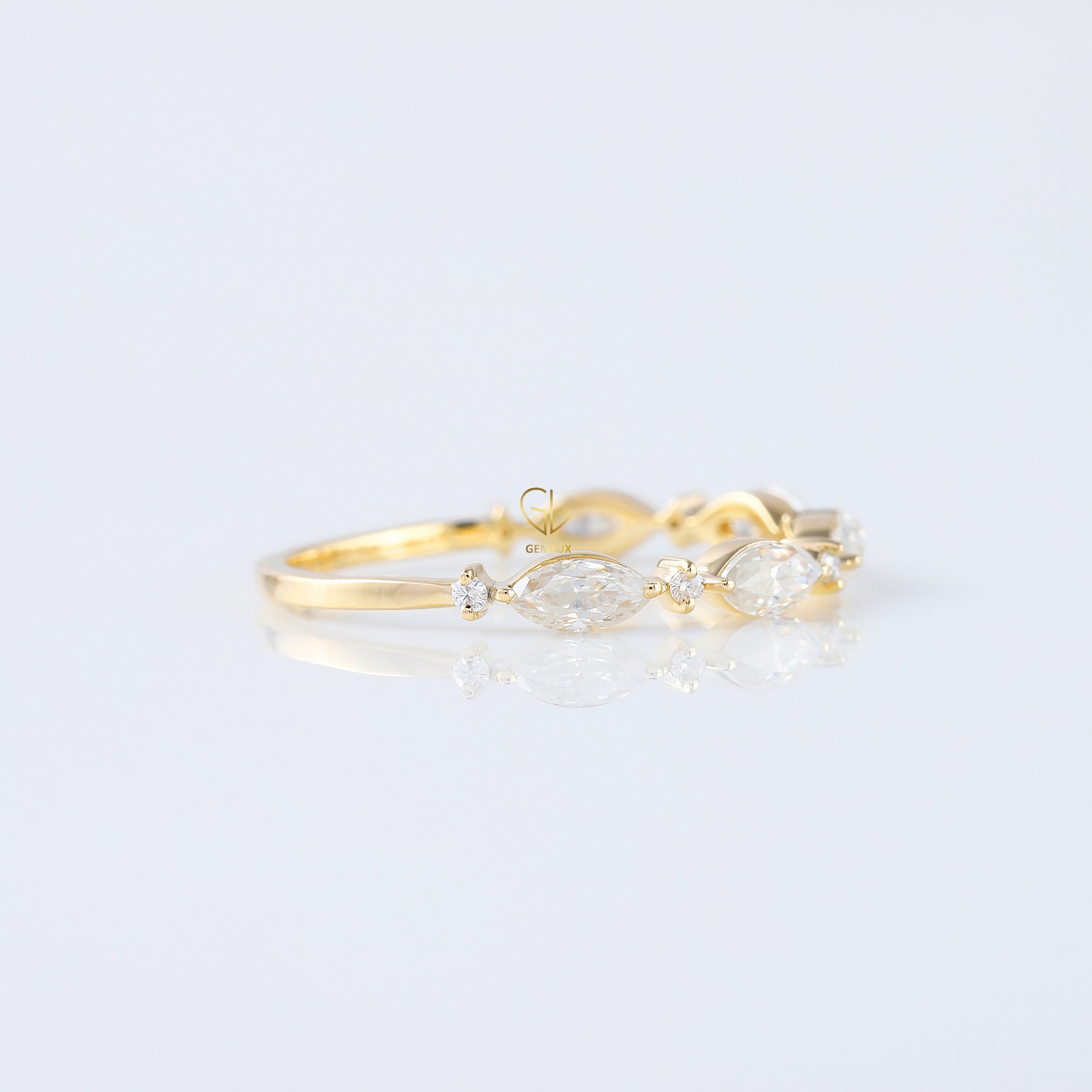 minimalist band, alternative stone eternity band, marquise and round moissanite matching band, yellow gold eternity wedding band; 
