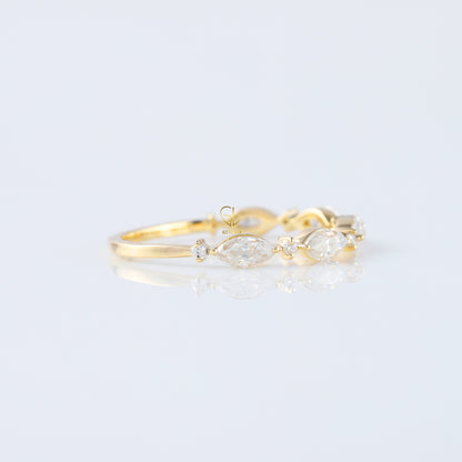 minimalist band, alternative stone eternity band, marquise and round moissanite matching band, yellow gold eternity wedding band; 
