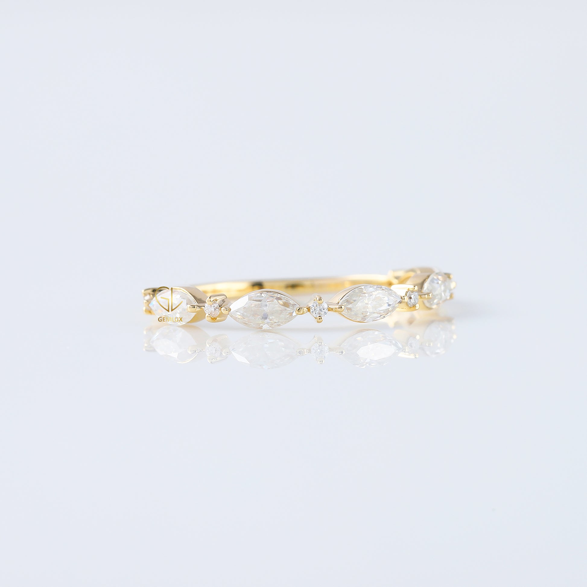 minimalist band, alternative stone eternity band, marquise and round moissanite matching band, yellow gold eternity wedding band; 
