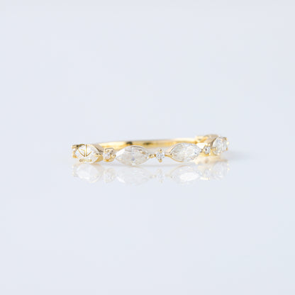 minimalist band, alternative stone eternity band, marquise and round moissanite matching band, yellow gold eternity wedding band; 
