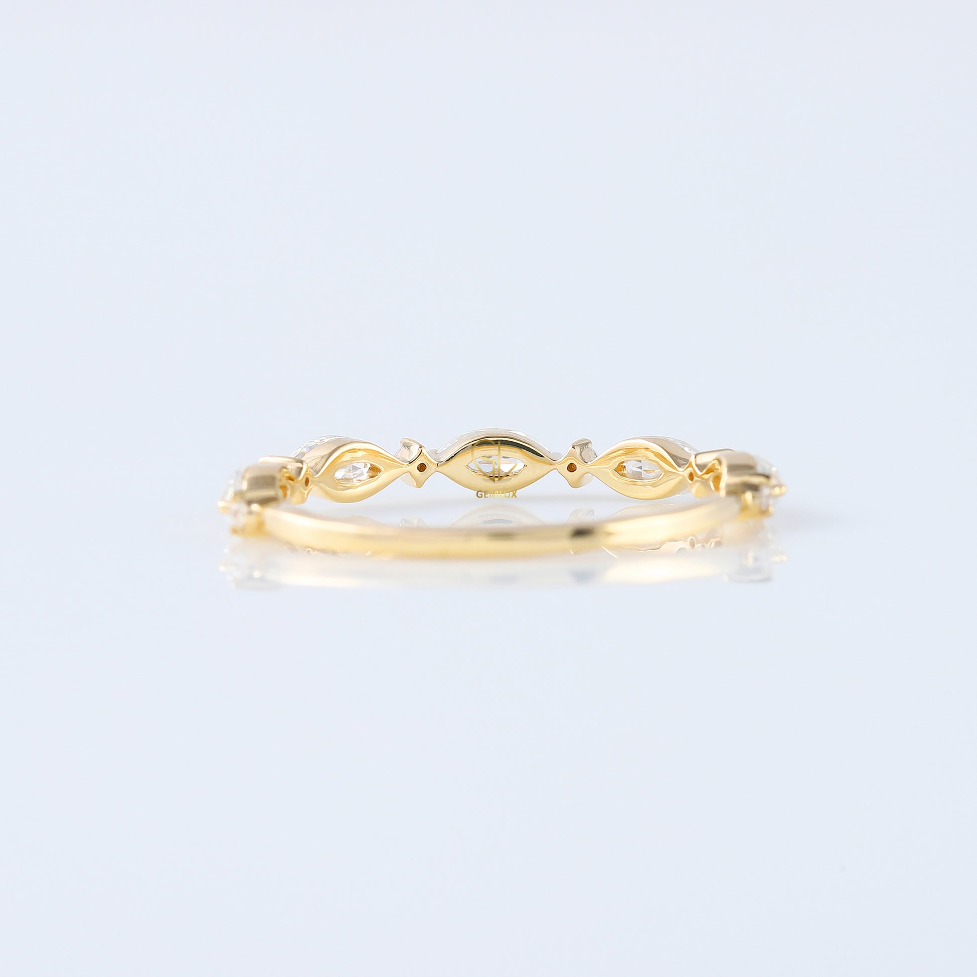 minimalist band, alternative stone eternity band, marquise and round moissanite matching band, yellow gold eternity wedding band; 
