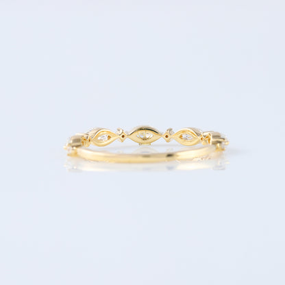 minimalist band, alternative stone eternity band, marquise and round moissanite matching band, yellow gold eternity wedding band; 
