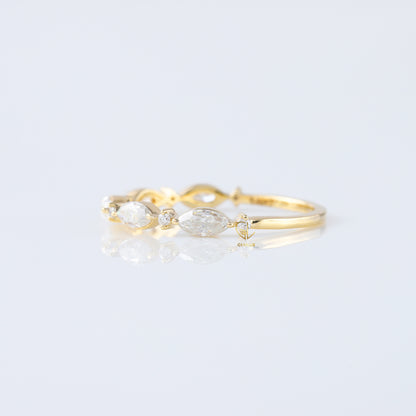 minimalist band, alternative stone eternity band, marquise and round moissanite matching band, yellow gold eternity wedding band; 
