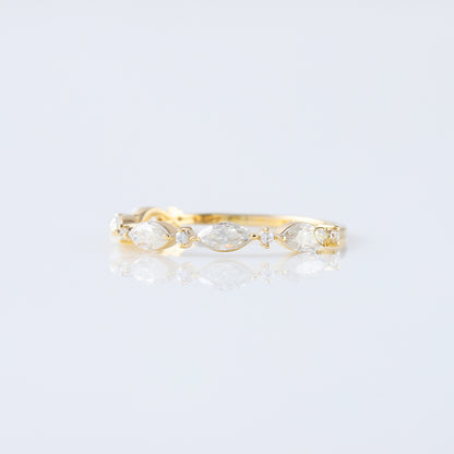 minimalist band, alternative stone eternity band, marquise and round moissanite matching band, yellow gold eternity wedding band; 
