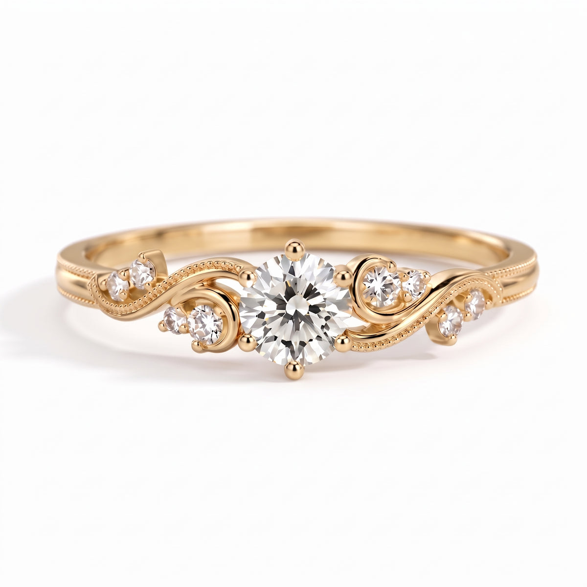 Vintage three-stone round lab-grown diamond ring with leaf-design yellow-gold band