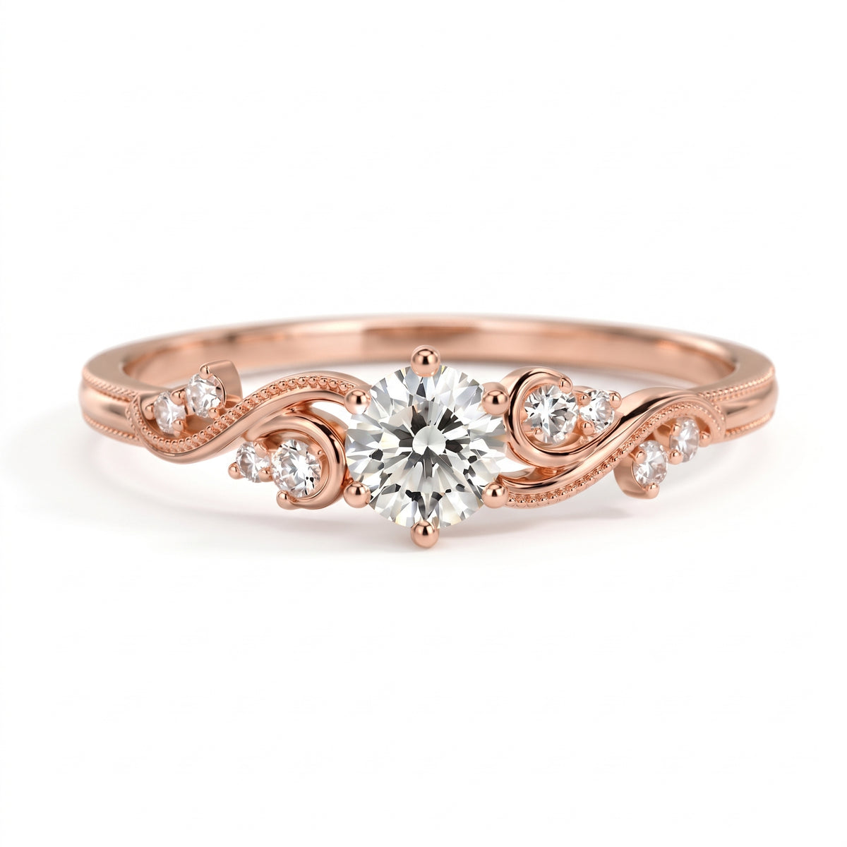 Vintage three-stone round lab-grown diamond ring with leaf-design yellow-gold band