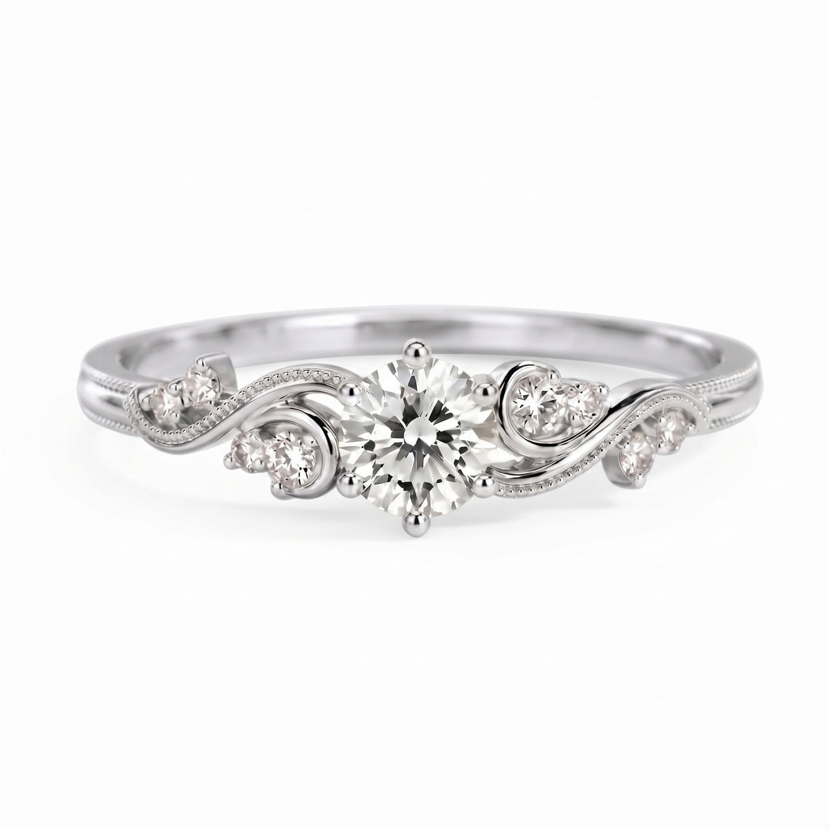 Vintage three-stone round lab-grown diamond ring with leaf-design yellow-gold band