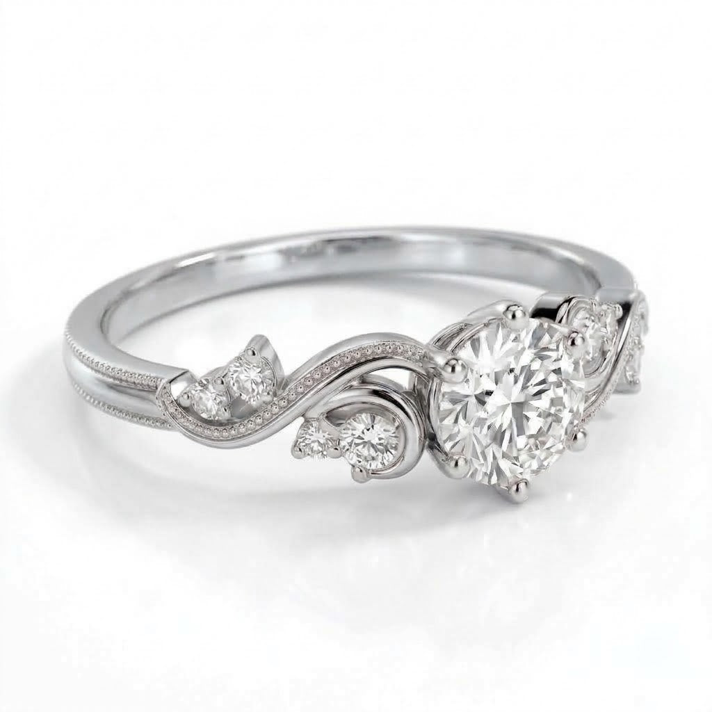 Vintage three-stone round lab-grown diamond ring with leaf-design yellow-gold band