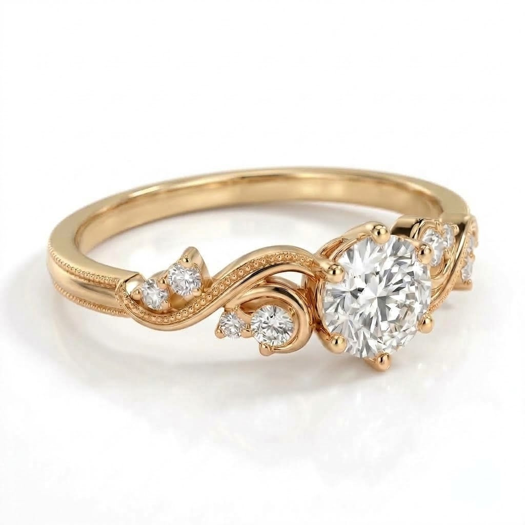 Vintage three-stone round lab-grown diamond ring with leaf-design yellow-gold band