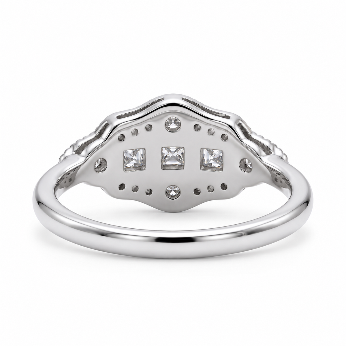 Vintage Art Deco three-stone lab-grown diamond ring with milgrain geometric setting
