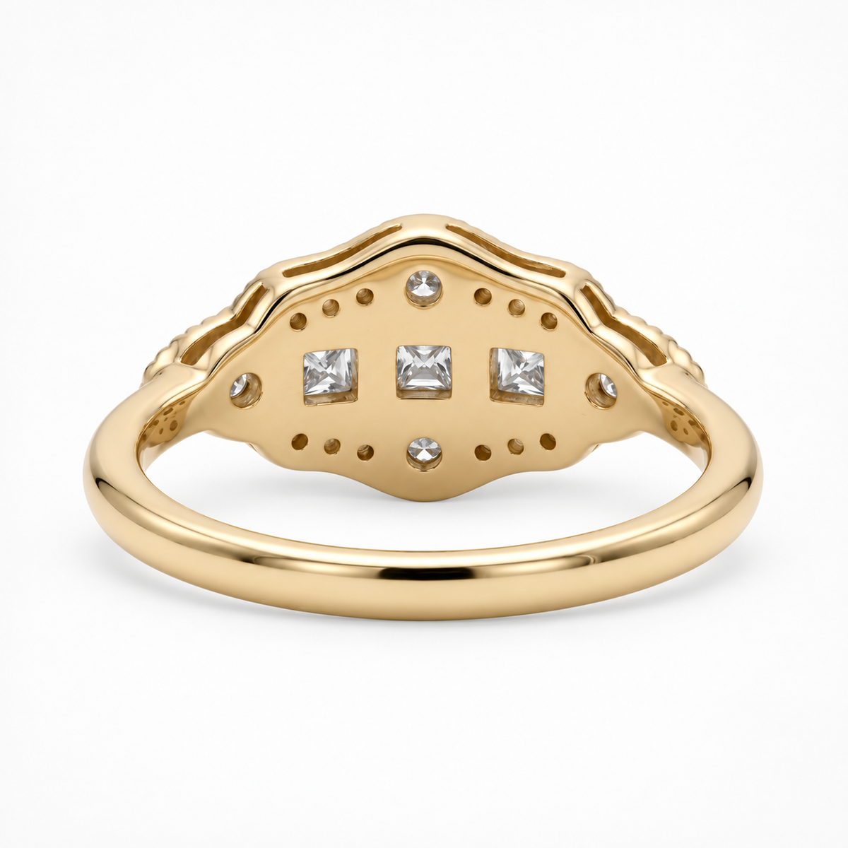 Vintage Art Deco three-stone lab-grown diamond ring with milgrain geometric setting