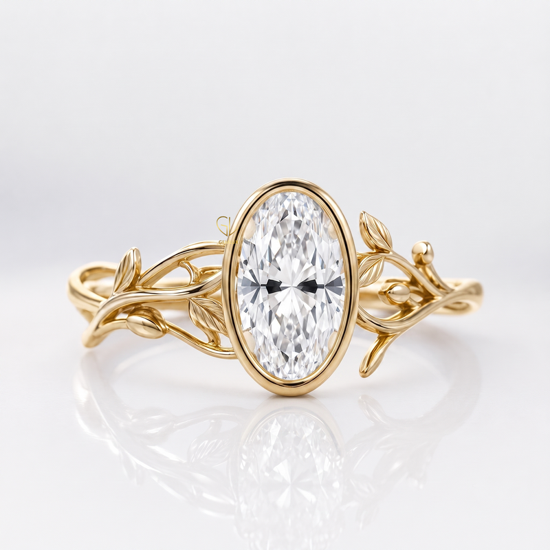 Moval Cut Lab-Grown Diamond Bezel Set Botanical Vine Engagement Ring