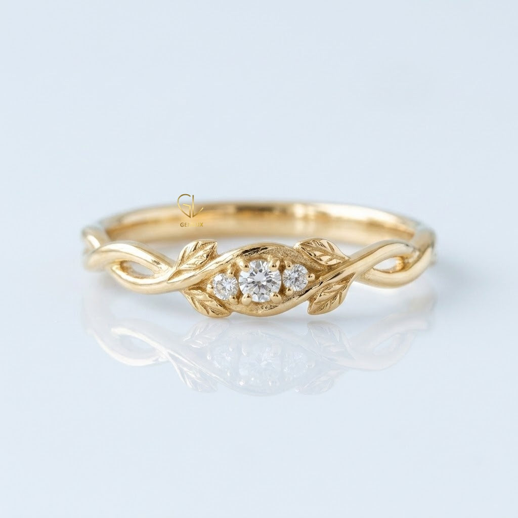 Round-cut lab-grown diamond leaf vine engagement ring, 10k yellow gold, Gemlux Engagement Collection
