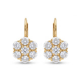 Old European cut lab grown diamond floral cluster lever back earrings in yellow gold