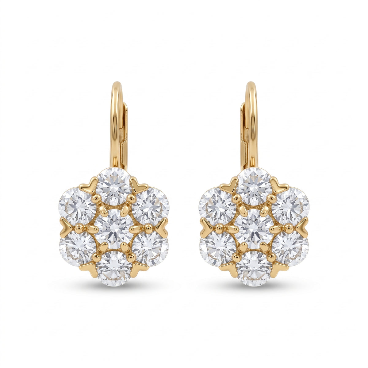 Old European cut lab grown diamond floral cluster lever back earrings in yellow gold