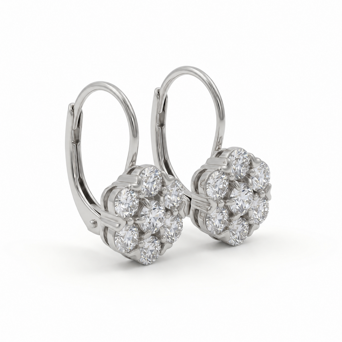 Old European cut lab grown diamond floral cluster lever back earrings in yellow gold