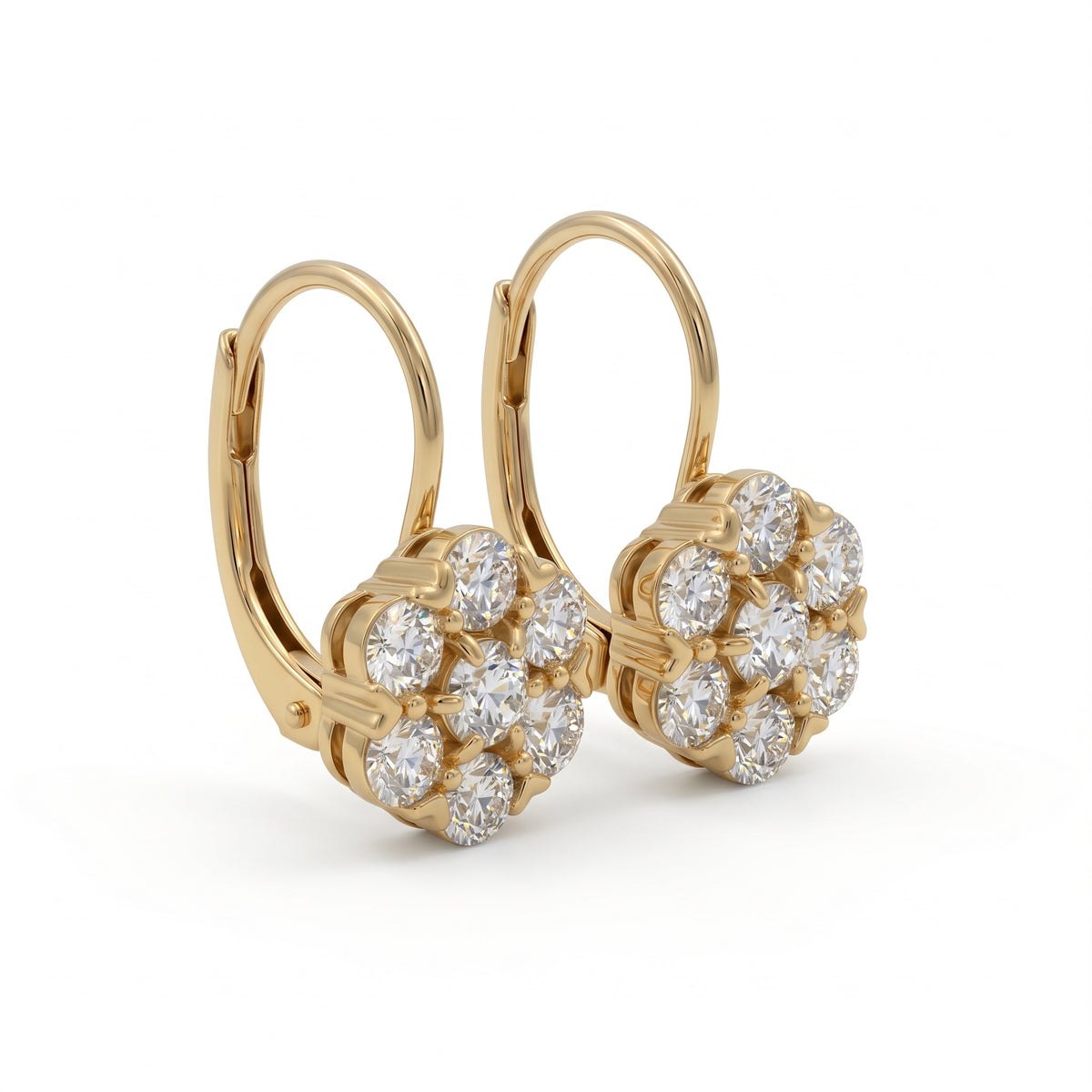 Old European cut lab grown diamond floral cluster lever back earrings in yellow gold
