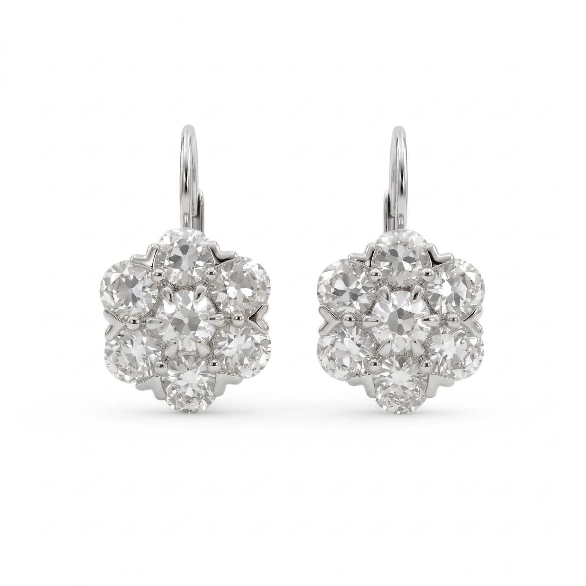 Old European cut lab grown diamond floral cluster lever back earrings in yellow gold