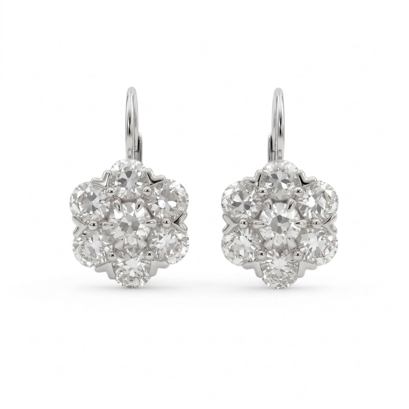 Old European Cut Lab Grown Diamond Cluster Lever Back Earrings