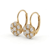 Old European cut lab grown diamond floral cluster lever back earrings in yellow gold