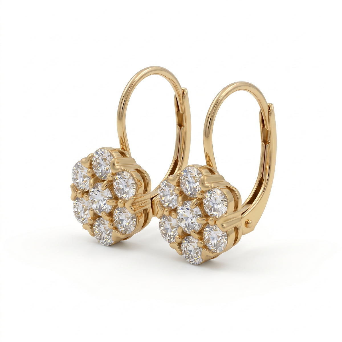 Old European cut lab grown diamond floral cluster lever back earrings in yellow gold