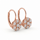 Old European cut lab grown diamond floral cluster lever back earrings in yellow gold