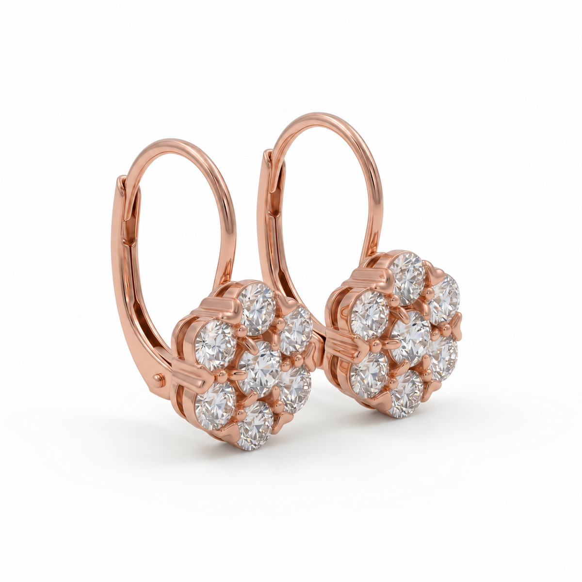 Old European cut lab grown diamond floral cluster lever back earrings in yellow gold