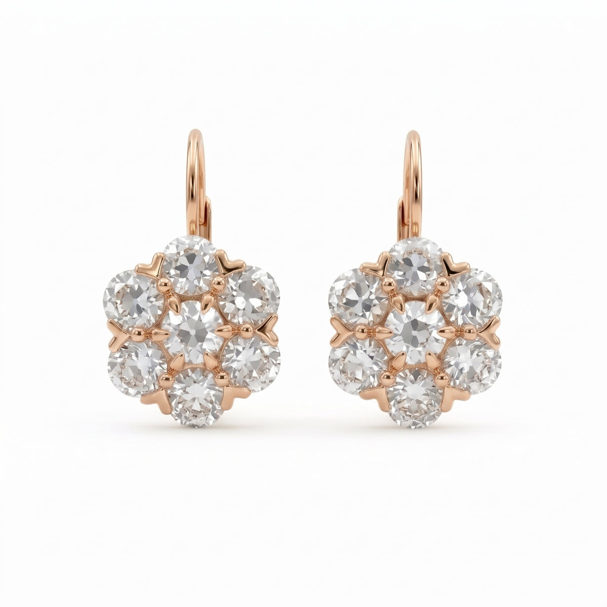 Old European cut lab grown diamond floral cluster lever back earrings in yellow gold