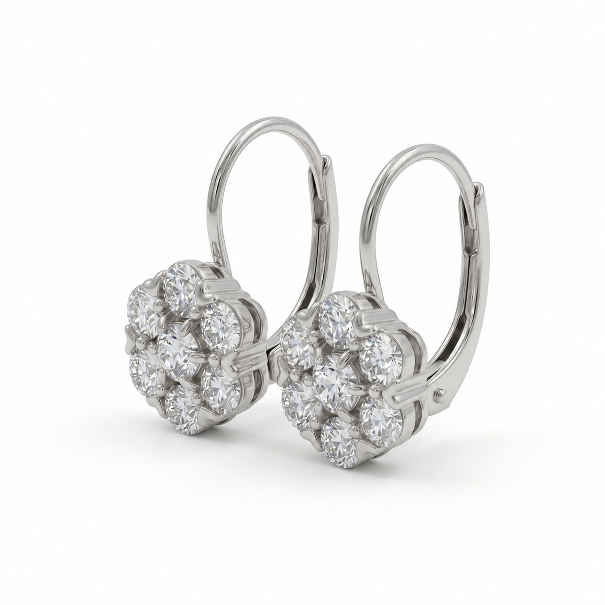 Old European cut lab grown diamond floral cluster lever back earrings in yellow gold