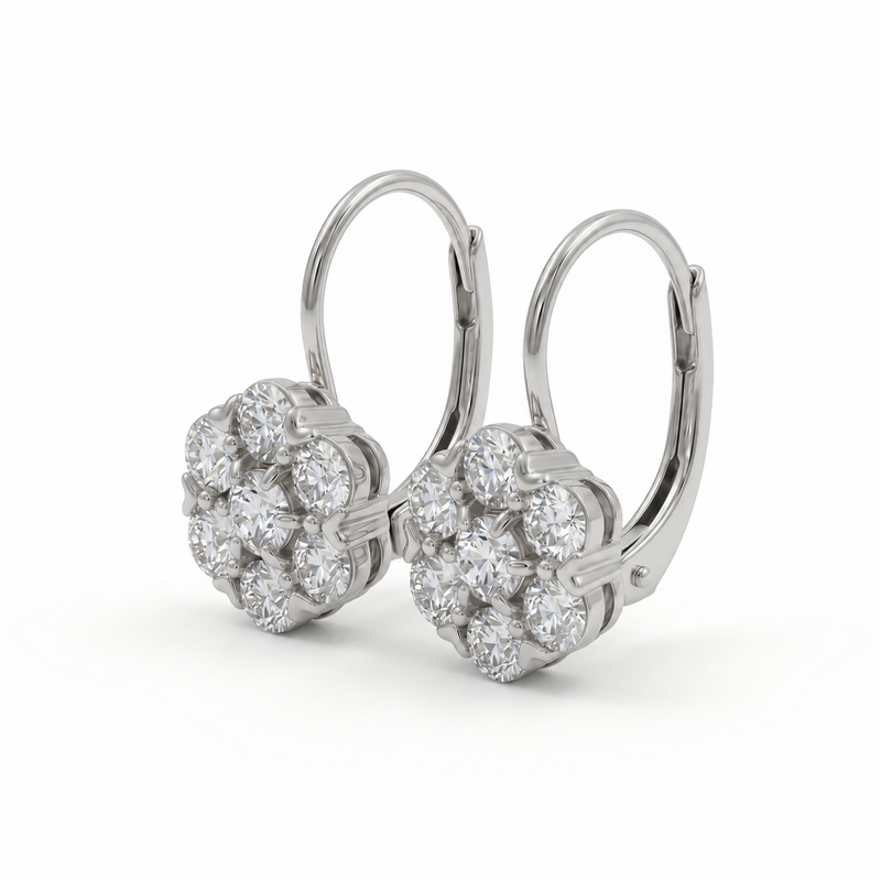 Old European Cut Lab Grown Diamond Cluster Lever Back Earrings