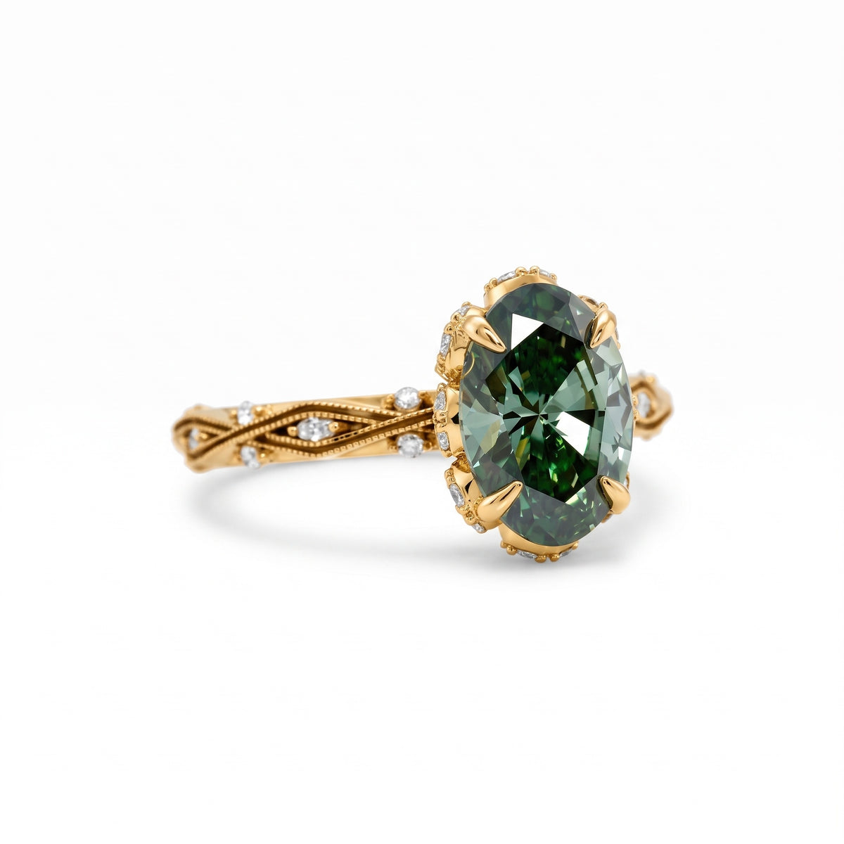 Fancy green oval lab-grown diamond engagement ring with vintage leaf-and-vine band