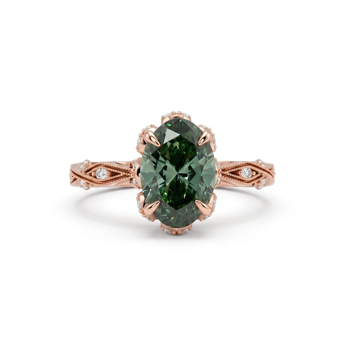 Fancy green oval lab-grown diamond engagement ring with vintage leaf-and-vine band