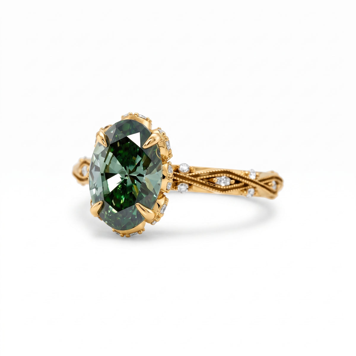Fancy green oval lab-grown diamond engagement ring with vintage leaf-and-vine band
