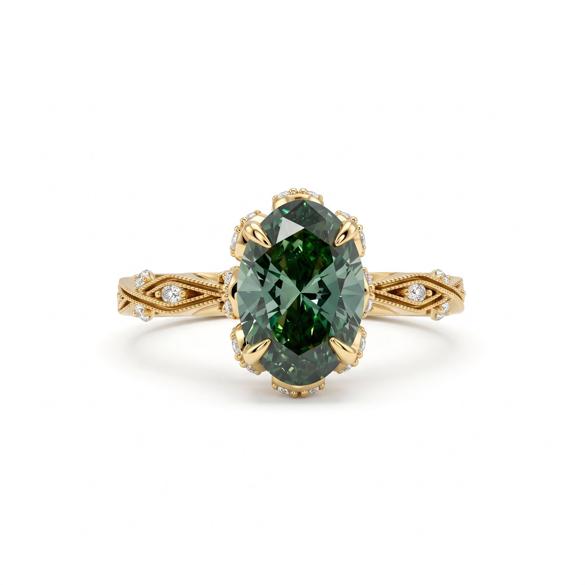Fancy green oval lab-grown diamond engagement ring with vintage leaf-and-vine band