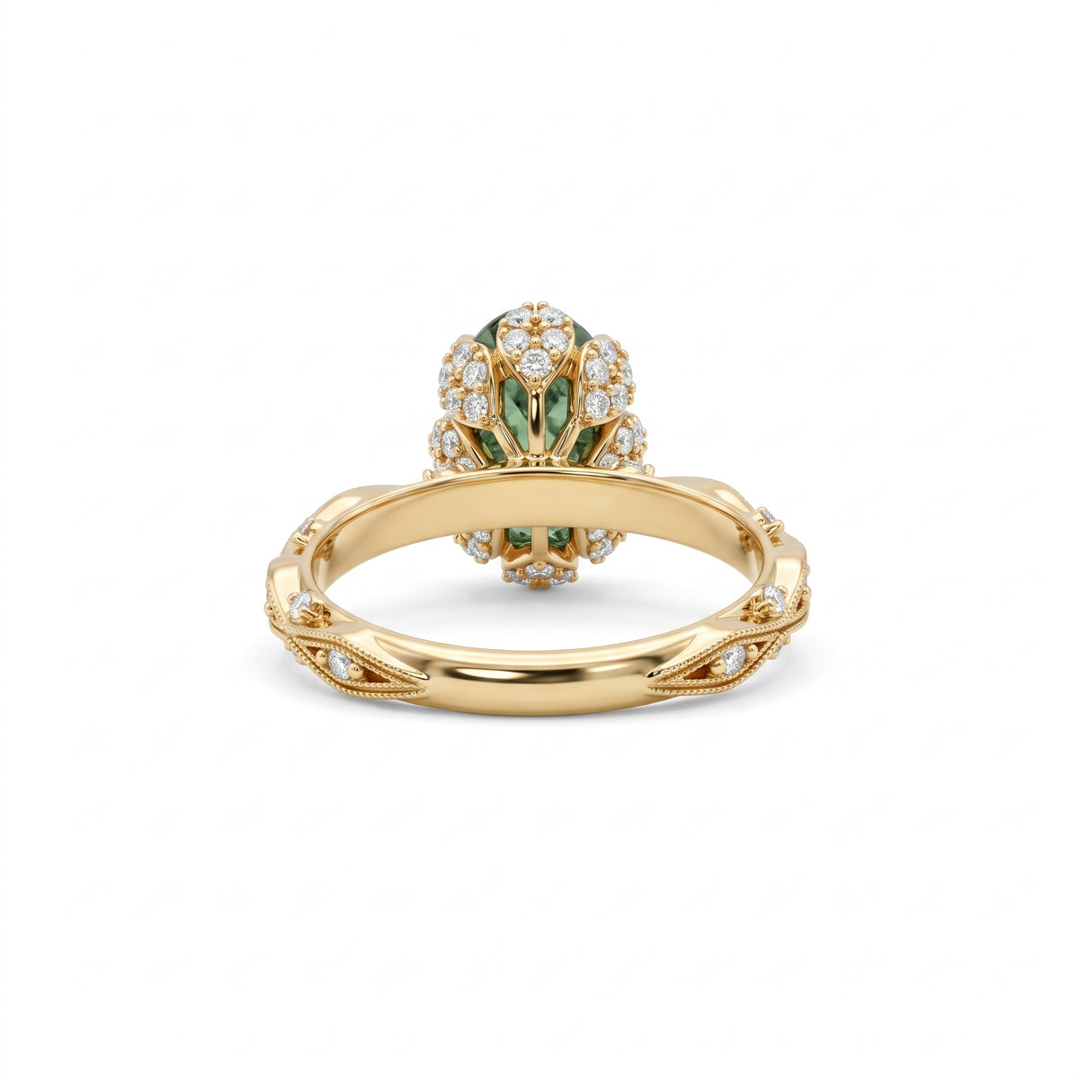 Fancy green oval lab-grown diamond engagement ring with vintage leaf-and-vine band