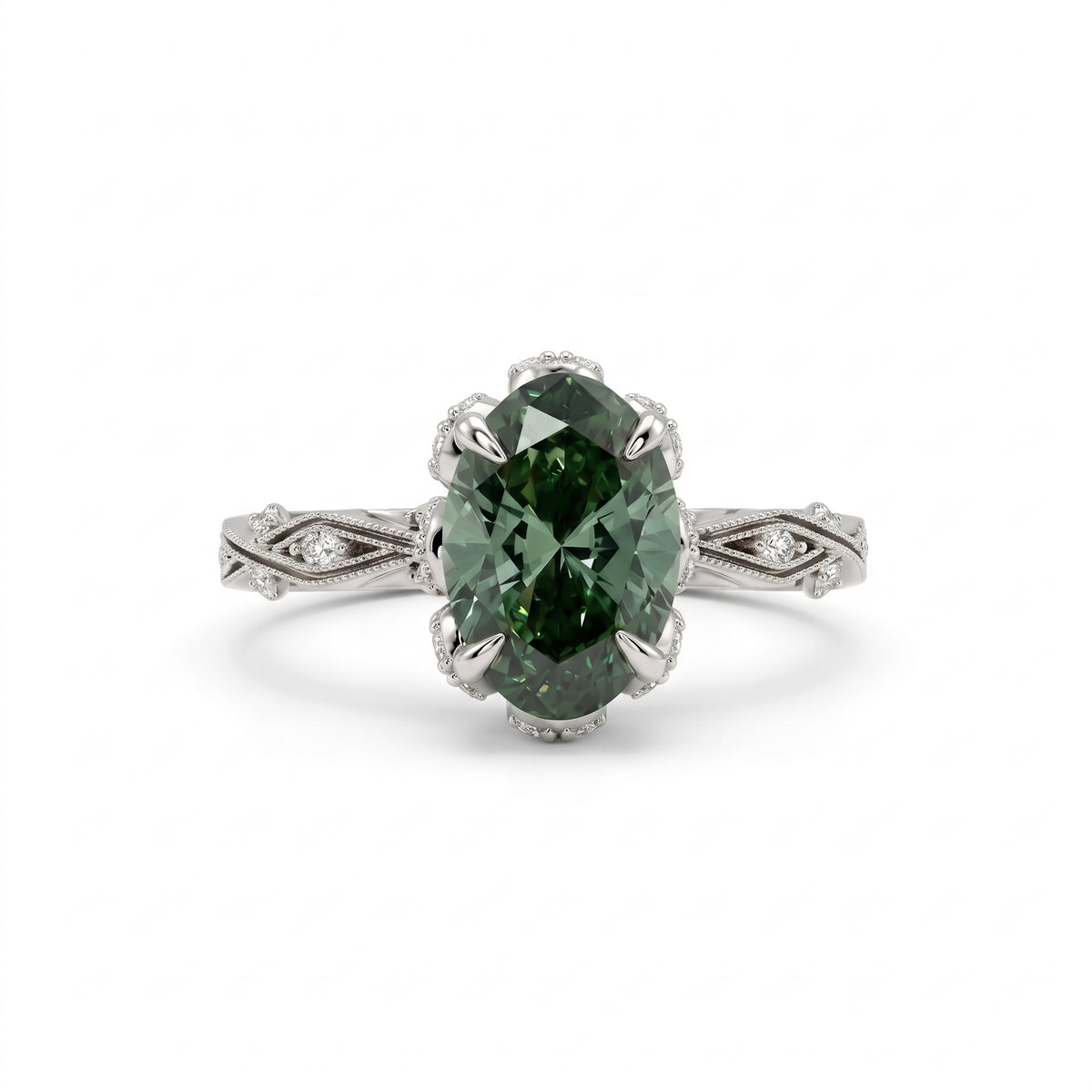 Fancy green oval lab-grown diamond engagement ring with vintage leaf-and-vine band