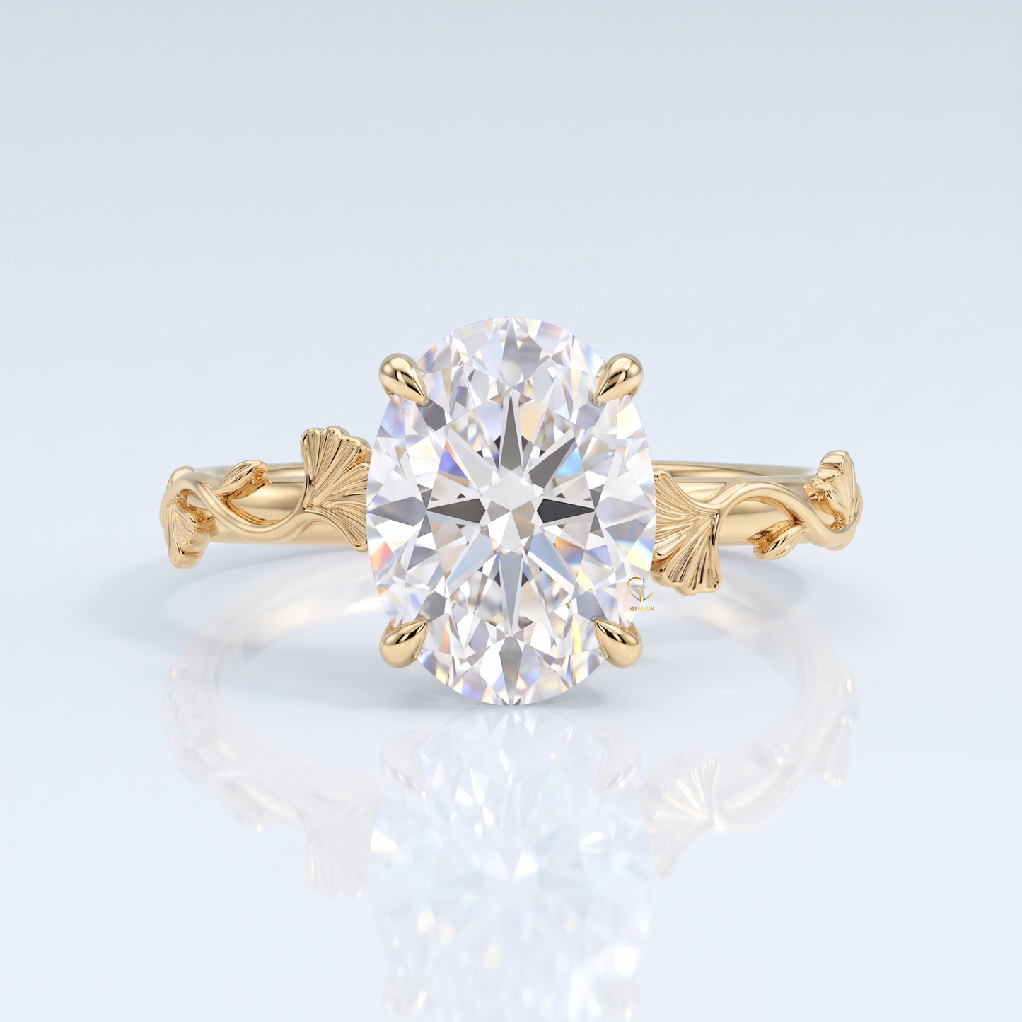 Oval Cut Lab Grown Diamond Ginkgo Leaf Engagement Ring