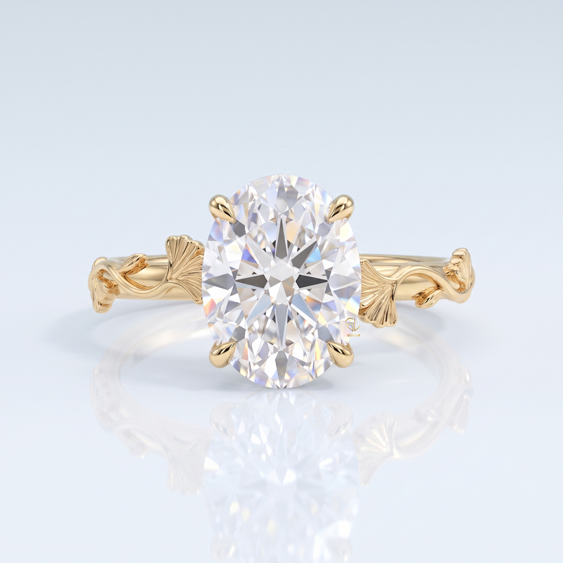 Oval Cut Lab Grown Diamond Ginkgo Leaf Engagement Ring